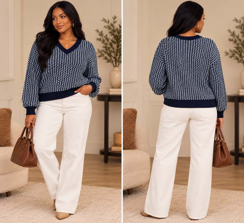 Bon Jour Navy White V Neck Knit Sweater Coastal Preppy Grandpa Core